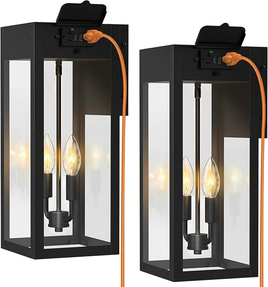2-Pack 17.87" Extra Large Outdoor Wall Lights with GFCI Outlet, Black 2-Light Porch Lights Outdoor, Waterproof Exterior Lamp with E12 Sockets for House, Porch, Patio, Garage