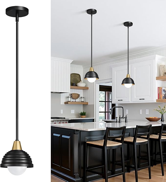Industrial Kitchen Pendant Light Fixtures: 6 Inch Metal Modern Chandelier - Adjustable Farmhouse Black and Gold Pendant Lighting for Kitchen Living Room Bedroom