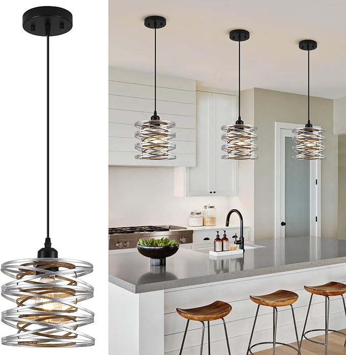 Pendant Lights Kitchen Island, Kitchen Hanging Light Fixtures Wood Grain Metal Lighting for Dining Room Bedroom Bar Office Entryway Hallway, Industrial Silver, 1 Pack