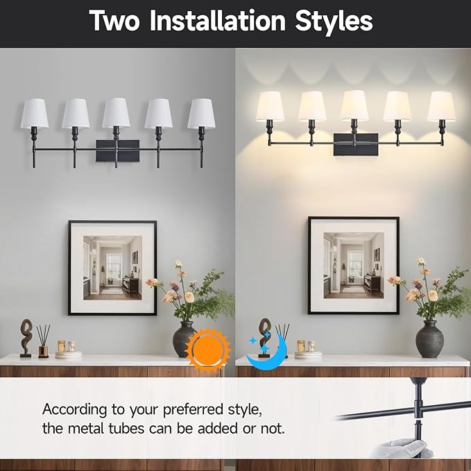 5-Light Vanity Lights for Bathroom,41 in Vintage Black Bathroom Vanity Light Fixtures,with Flared White Fabric Lampshade for Bedroom,Living Room,Foyer,Hardwired,E12 Base