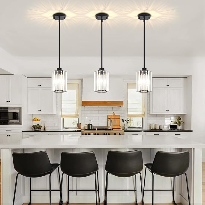 3-Pack Black Pendant Lights Kitchen Island Modern Crystal Hanging Pendant Light Hexagonal Mini Chandelier Adjustable Hanging Kitchen Lights for Dining Room Hallway Bedroom Entryway Light Fixtures