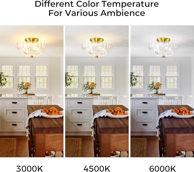 Semi Flush Mount Ceiling Light Fixture Vinatge Gold Ceiling Lights Mid Century Modern Clear Glass Close to Ceiling Lighting Fixtures for Bedroom Hallway Foyer Bathroom Kitchen Laundry Room Nursery