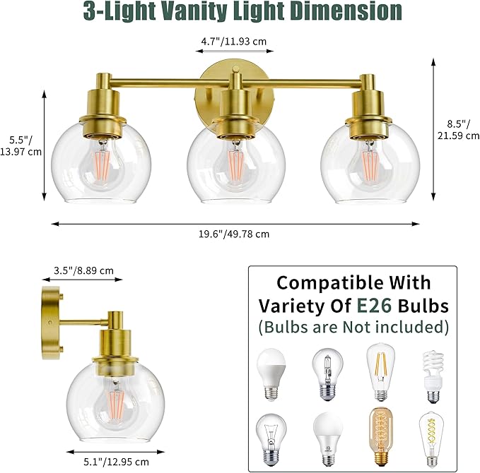Espird 3 Light Bathroom Light Fixtures, Brushed Brass Bathroom Vanity Lights, Modern Vanity Lights 3-Light Globe Bathroom Vanity Lighting Fixture Over Mirror