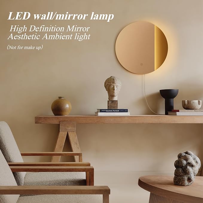ONEWISH LED Wall Sconce, Dimmable Mirror Wall Lamp,16.93 inch Round Wall Lights for Bedroom with Memory Function, Wall Lamps for Living Room Entryway, Bronze