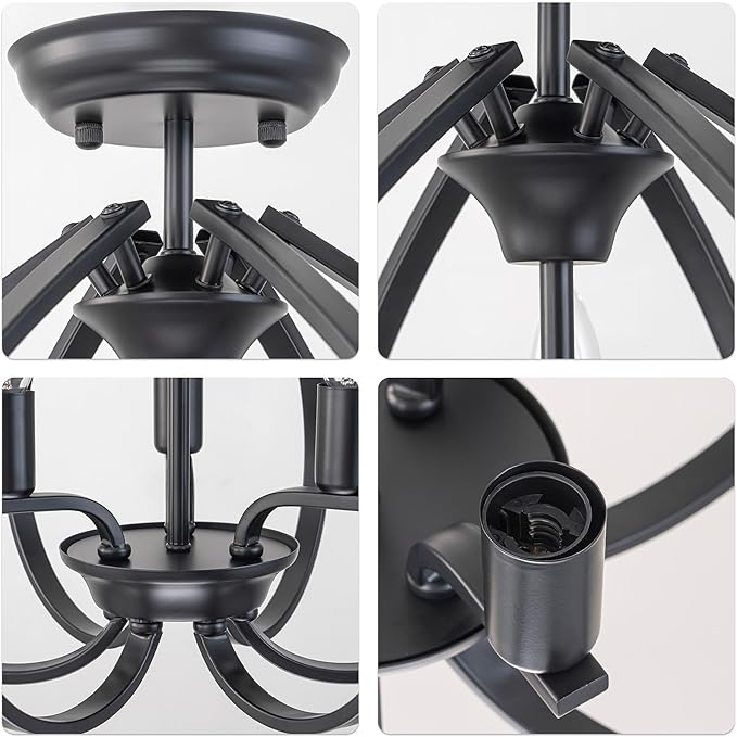 Modern Black Semi Flush Mount Ceiling Light, 15" Farmhouse Globe Cage Chandelier with E12 Base, 40W Max, No Assembly Required, Gothic Semi Flush Ceiling Fixture for Foyer Hallway Bedroom Stairwell