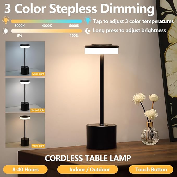 AIHYING 2 Pack Black Cordless Table Lamp Portable LED Desk Lamp 5000mAh Battery Operated 3 Color Stepless Dimming Up for Restaurant Bedroom Bars Outdoor Party Camping Coffee Shop Night Light