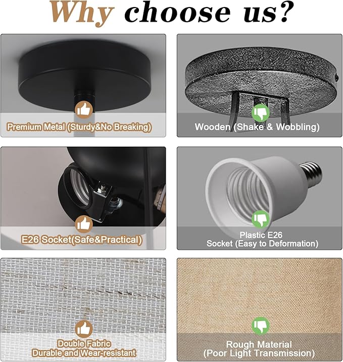 BUXVRCS Semi Flush Mount Ceiling Light Fixture, Modern Light Fixtures Ceiling Mount with Fabric Shade, 3-Light Double Drum Lighting Fixtures Close to Ceiling Light for Bedroom (Black)