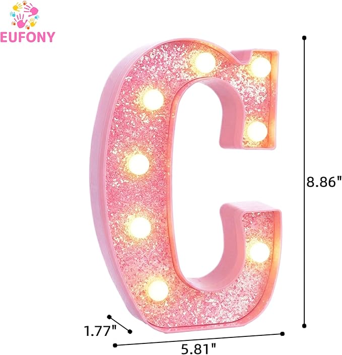 Pink Marquee Light Up Letters, Glitter Alphabet LED Letter Lights for Pink Birthday Party Decorations, Battery Operated Letter Sign for Girls Room Vanity Table Decor, Warm White Lights Letter C