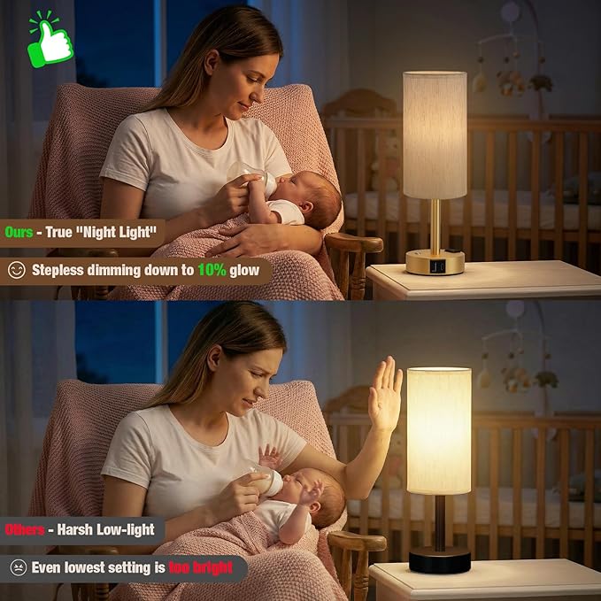 Touch Bedside Table Lamp with Memory - Stepless Dimmable Lamp for Bedroom, Small Nightstand Lamp with Dual USB Charging Ports and AC Outlet, Wood Night Light, Deak Lamp for Nursery (Cream & Gold)