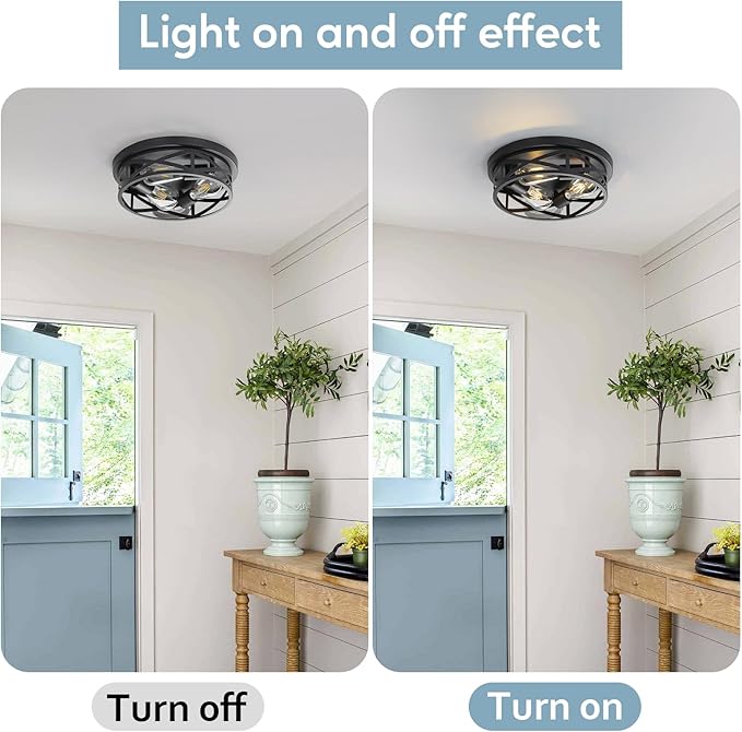 Cage Flush Mount Ceiling Light Fixtures, 3-Light Farmhouse Light with Metal, 13 Inch Black Industrial Close to Ceiling Lights for House Indoor Living Room, Kitchen, Entryway and Foyer