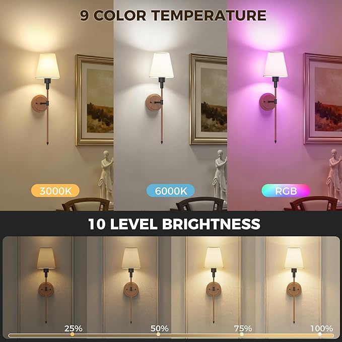 DORESshop Battery Operated Wall Sconce Set of 2, Wireless Wall Light Easy to Install, 7 Color Rechargeable Wall Sconces, Sconce Wall Decor Set of 2 for Bedroom, Living Room, Black and Wood, 24.6in