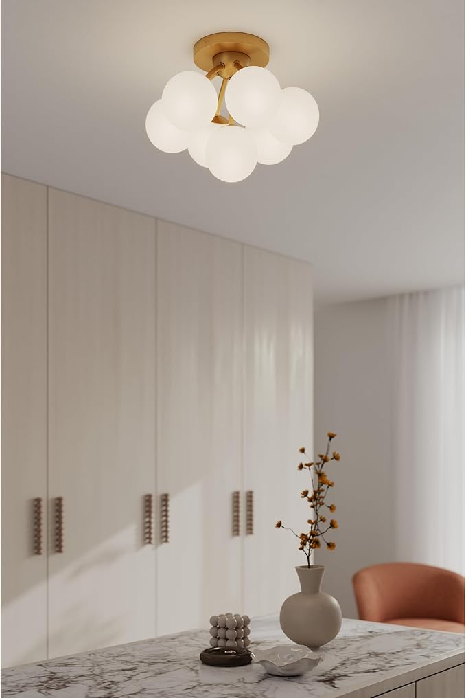 Minka-Lavery Lunara 18.25" 7-Light Semi-Flush Mount - Legacy Brass with Opal Glass (Bulb Not Included)