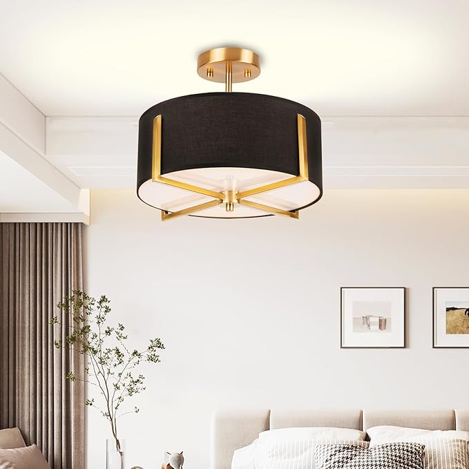Edwarmlux 3-Light Semi Flush Mount Ceiling Light Fixture, 13.7" Gold Drum Light with Black Fabric Shade, Modern Close to Ceiling Lamp for Living Room Bedroom Dining Room Kitchen Hallway Entry Foyer