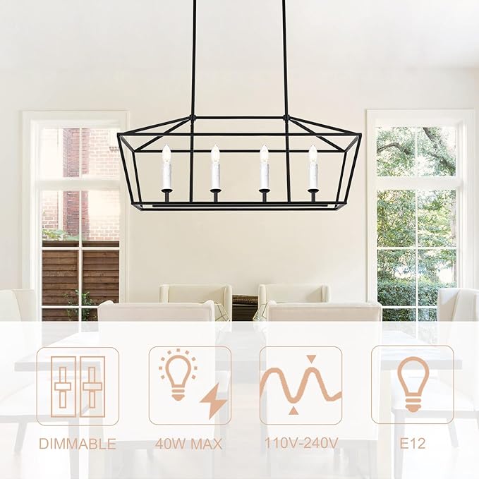 4-Light Kitchen Island Lighting, Modern Black Dining Room Chandelier Over Table Pendant Light Fixture, E12 Bulb Base
