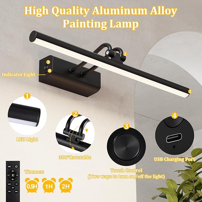 Battery Operated Picture Light for Wall, Wall Light for Living Room, 4000 mAh, 13.8'' Dimmable Art Painting Light, Remote Control, Black, Display for Gallery, Living Room, Bedroom(Black)