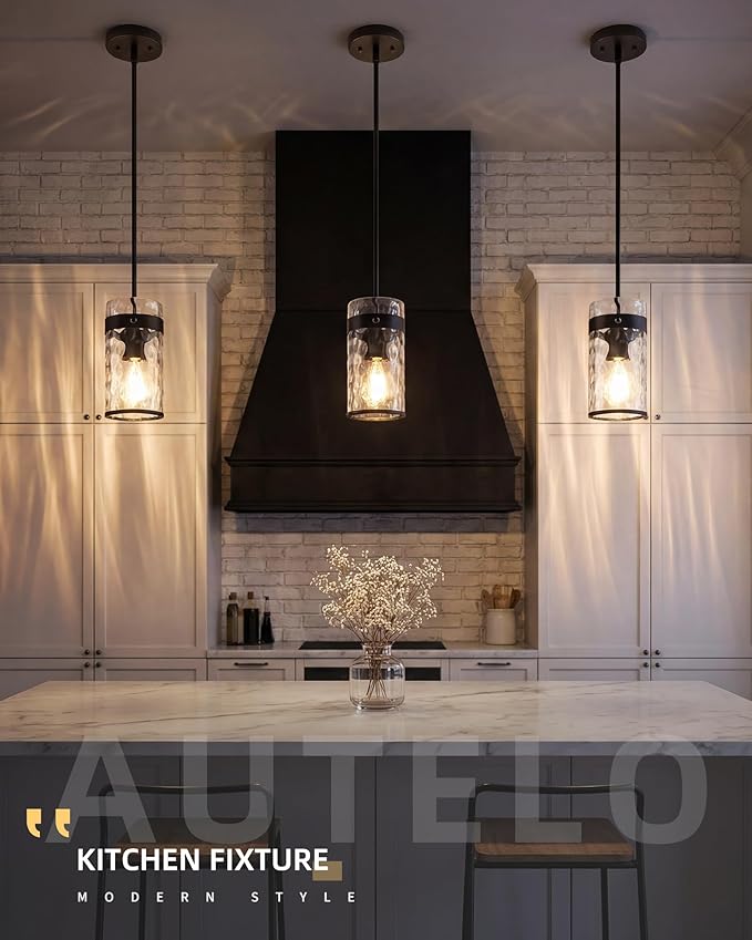 AUTELO Black Pendant Light, 1-Light Kitchen Island Pendant Lighting with Hammered Glass Shade, Industrial Hanging Ceiling Fixture with Adjustable Rods for Dining Room, Bar, Entryway, H-2529 HMBK