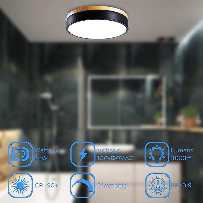 Dimmable LED Wood Flush Mount Ceiling Light Fixture 3000-6000K Tunnable 12 Inch, 24W Modern Close to Ceiling Light, Bedroom Light for Kitchen, Hallway, Black, Type B 5CCT