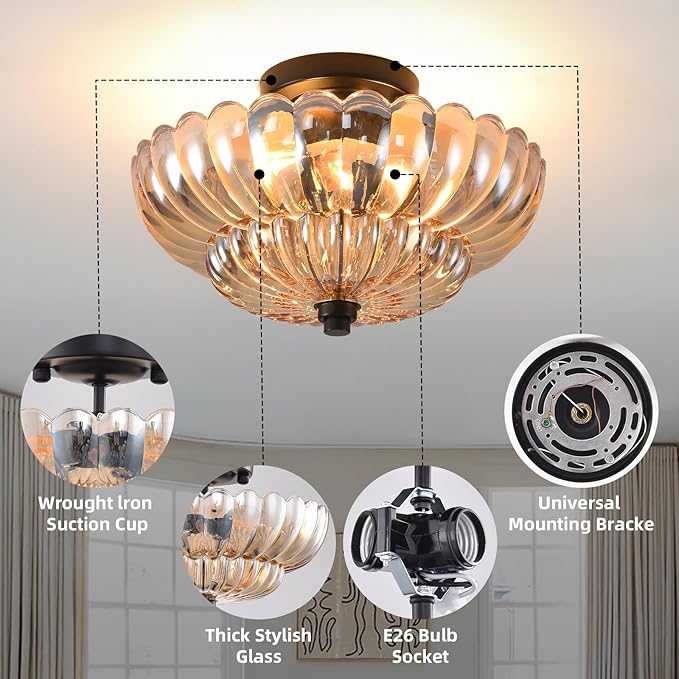Semi Flush Mount Ceiling Light, 11.8 Inch Black Vintage Hallway Light Fixture with Amber Glass, Close to Ceiling Light for Bedroom Kitchen Living Room Bathroom Foyer, E26 Base