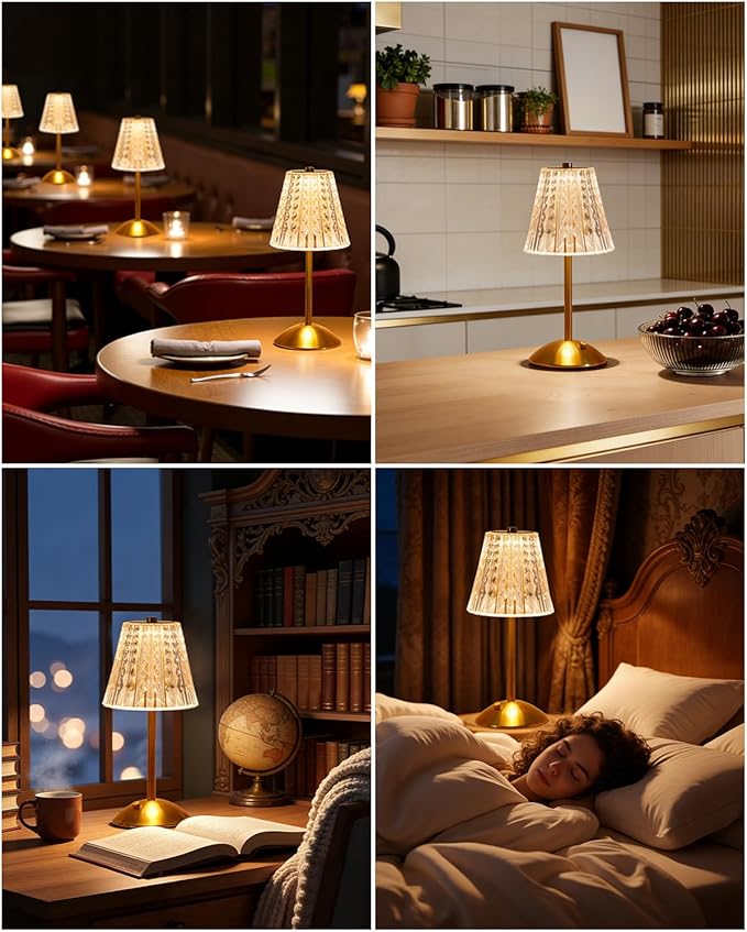 Nusogon Rechargeable Cordless Table Lamp, Touch Control Crystal Desk Lamp with 3500mAh Battery, 3 Color Dimmable LED Small Lamp for Bedroom Bedside Restaurant Kitchen Home Decor