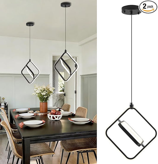 Modern Pendant Lights, LED Pendant Light Fixtures for Kitchen Island, 3000K LED Pendant Lighting for Bedroom, Bathroom, Living Room, Adjustable Height Square Chandelier, 2 Pack