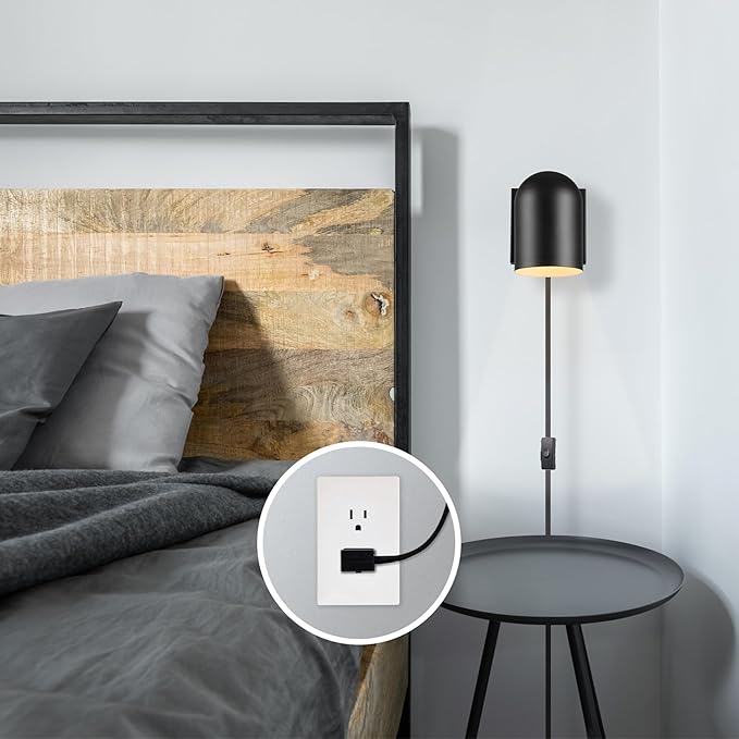 Globe Electric 65000098 1-Light Plug-in or Hardwire Wall Sconce, Matte Black, 6ft Braided Fabric Cord, in-Line Rocker Switch, Modern Lighting for Apartments or Renters, Lights for Living Room