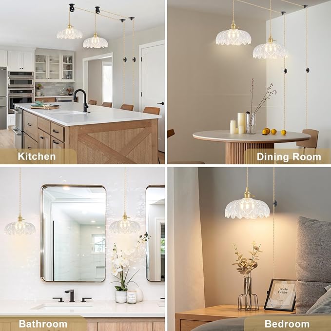 Plug in Pendant Light Fixtures, Hanging Light Fixture Glass Pendant Light, Vintage Transparent Hanging Lamp, Pendant Lighting for Kitchen Island, Bedroom, Dining Room, Living Room