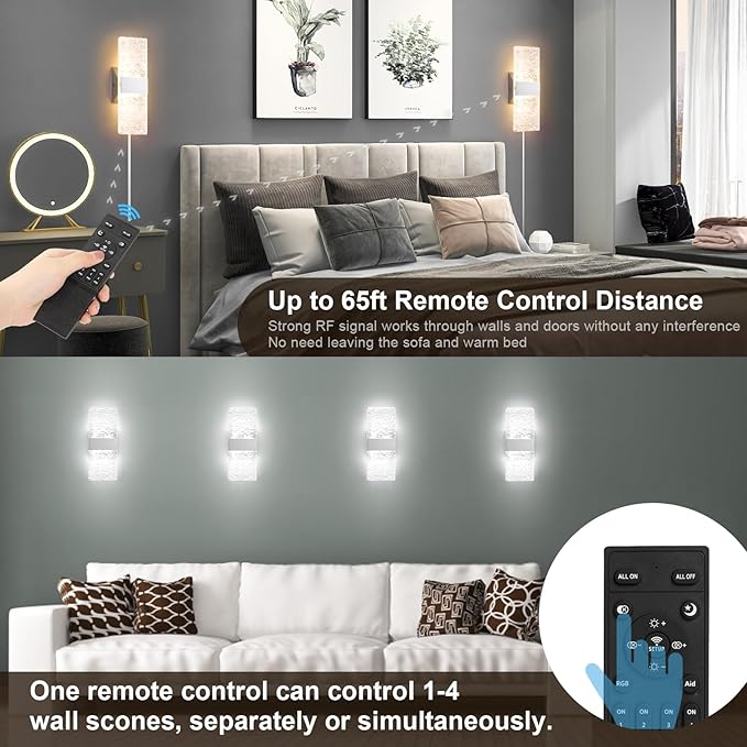 GOODATE Plug in Wall Sconces with Adjustable 3000K-6500K Colors & 10%-100% Brightness, Sconces Wall Decor Set of 2 with Remote Control, 12W Acrylic LED Plug in Wall Light (1 Pack, Corrugated Finish)