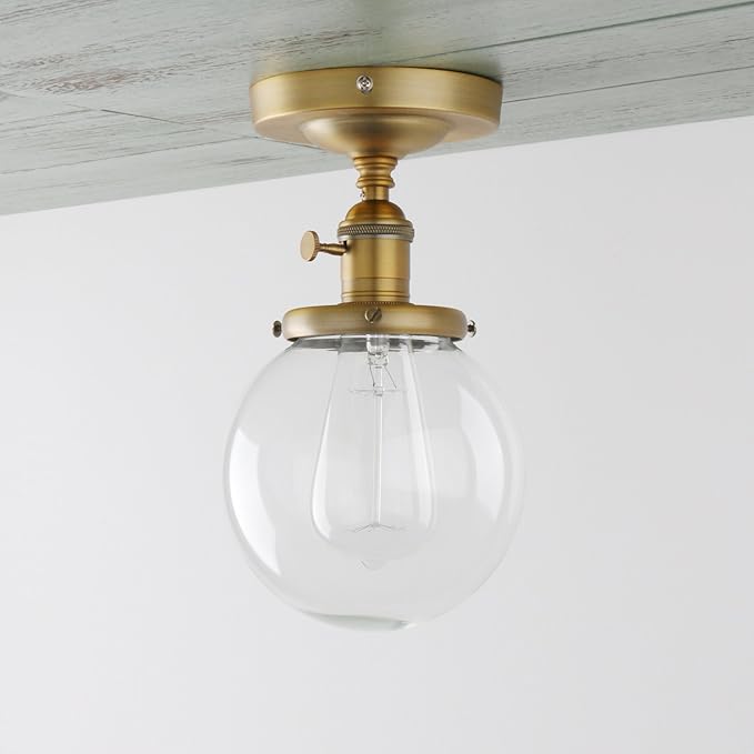 PERMO Semi Flush Mount Ceiling Light Modern Globe Clear Glass Shade Industrial Hallway Light Fixtures for Kitchen, Bathroom, Farmhouse Ceiling Light for Entryway (Antique Gold)