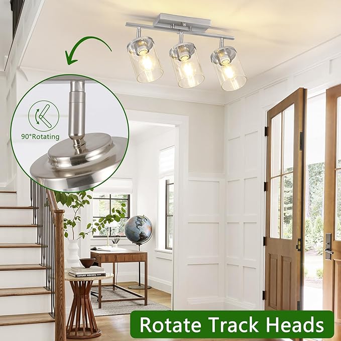 FadimiKoo 3-Lights Kitchen Light Fixtures Ceiling Mount, Brushed Nickel Adjustable Semi Flush Mount Ceiling Light with Clear Glass, Multi-Directional Track Spotlights for Kitchen Hallway Bathroom
