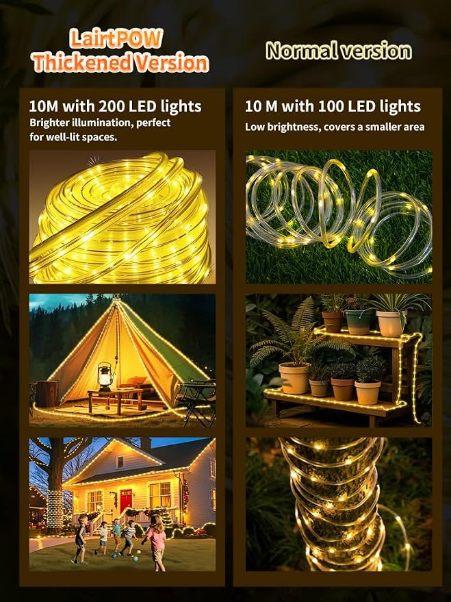 Thicker Tube Solar Rope Lights with Remote for Garden Decoration ,39FT 200LEDs Outdoor Solar Strip Lights for Palm Tree,IP67 Waterproof,USB Charging & 8 Modes Fairy Light for Christmas(Warm White)