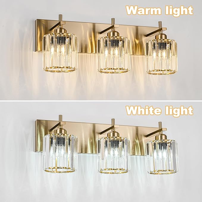 Modern Crystal Bathroom Vanity Lights, Gold 3-Lights Bathroom Light Fixtures Over Mirror, Crystal Wall Lighting with Polished Brass Finish