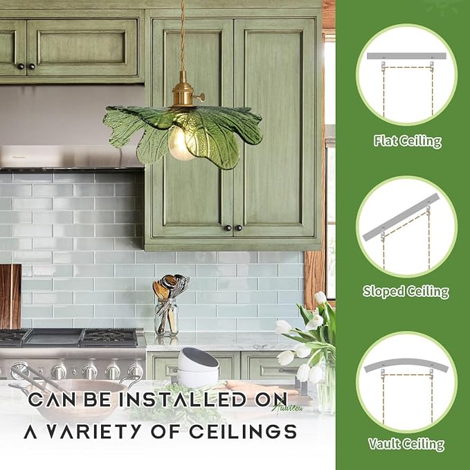 2 Pack Plug in Pendant Light, 14.75ft Cord Hanging Light with Hand Blown Green Glass Shade, Brass Pendant Lamp Plug in Hanging Lighting for Kitchen Island Bedroom Living Room Dining Room