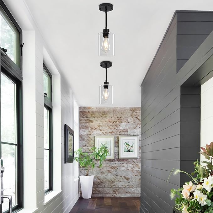 2 Pack Black Pendant Lights Kitchen Island, Modern Glass Pendant Lighting Over Island Kitchen Hanging Dining Room Light Fixtures Adjustable Pendant Lights for Bathroom Hallway Entryway Bedroom