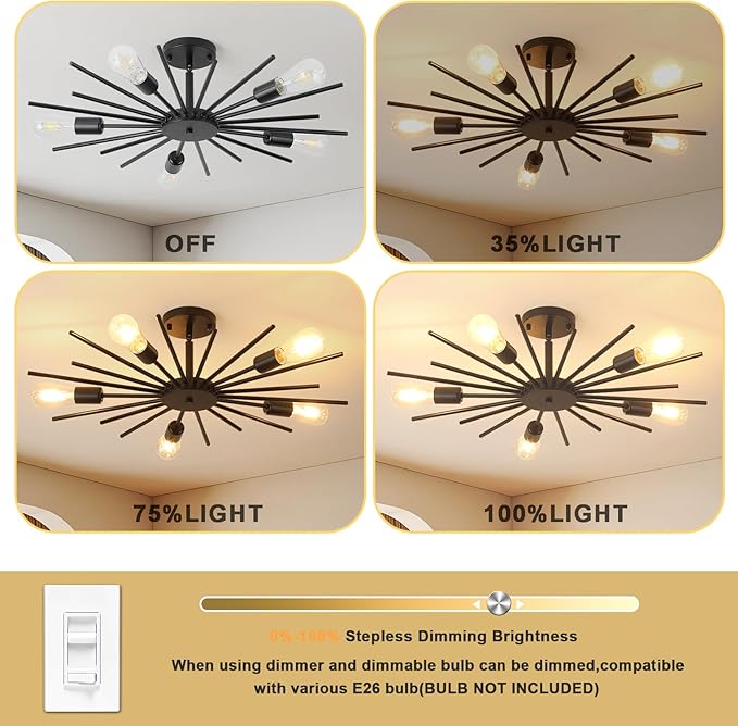 Black Semi Flush Mount Ceiling Light, 27.5 Inch 5-Light Large Sputnik Flush Mount Light Fixtures, Farmhouse Industrial Sloped Ceiling Lighting for Kitchen, Entryway, Bedroom, Living Room