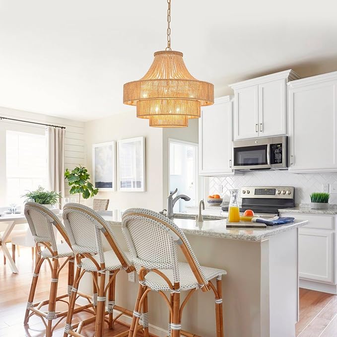 Wood Beaded Rattan Chandelier Boho Hand Woven Pendant Light 6-Lights Adjustable Coastal Pendant Lighting Fixtures for Dining Living Room Kitchen Hallway, Dia 20”, UL Listed