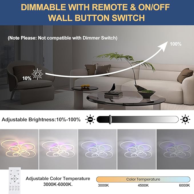 Modern LED Ceiling Light,41.3'' Dimmable Flush Mount Ceiling Lights with Remote,Acrylic Round Ceiling Lighting Fixture for Living Room Dining Room Bedroom Kitchen(White,8 Rings,80W)