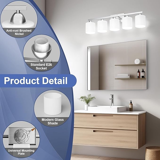 Bathroom Lighting Fixtures Over Mirror, Anti-Rust Vanity Light Fixture for Bathroom, Modern 5-Light Wall Sconce Light for Living Room, E26 Base, Milky White Glass Shades, Bulbs Not Included