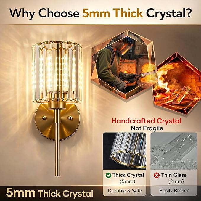 Crystal Battery Operated Wall Sconces, Brushed Gold Rechargeable Wireless Wall Sconce Lights with Dimmable Bulbs and Remote, 12 Colors and 3CCT Dimmable Crystal Lamps for Living Bedroom, 3000~6000K