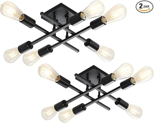 6-Light Semi Flush Mount Ceiling Light Fixture, 2 Pack Modern Black Sputnik Chandelier Lighting, Farmhouse E26 Stock Ceiling Lamp Kitchen Bedroom Living Room Entryway, Bulbs Not Included