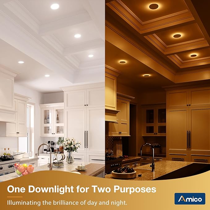 Amico 12 Pack 3 Inch 5CCT LED Recessed Ceiling Light with Night Light, 2700K/3000K/3500K/4000K/5000K Selectable Ultra-Thin Recessed Lighting, 7W=65W, 500LM, Dimmable Canless Wafer Downlight ETL&FCC
