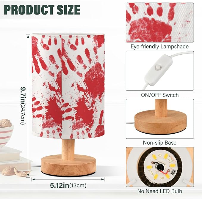 Aslsiy Red Hand Horror Halloween Bedside Table Lamp Nightstand Lamp Night Light Fabric Shade for Bedroom Living Room Home Office