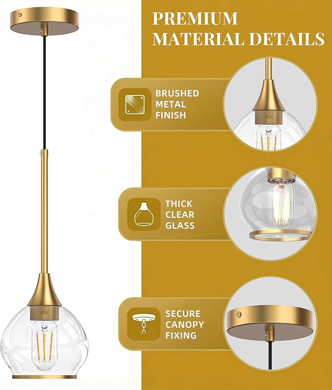 Kitchen Island Linear Pendant Light, 1-Pack 1-Light Gold Pendant Light, Brushed Gold Glass Globe Hanging Light Fixture for Dining Room, Over Table, Bar