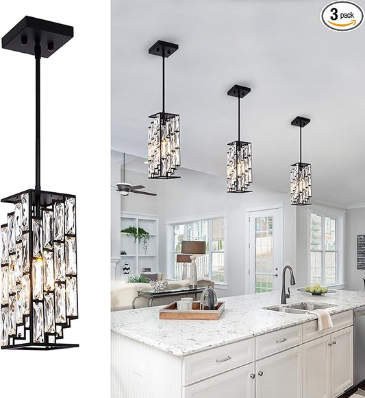 Crystal Pendant Lights Kitchen Island 3 Pack, Modern Black Chandelier Height Adjustable, Hanging Lights for Kitchen Island Dining Room Bedroom