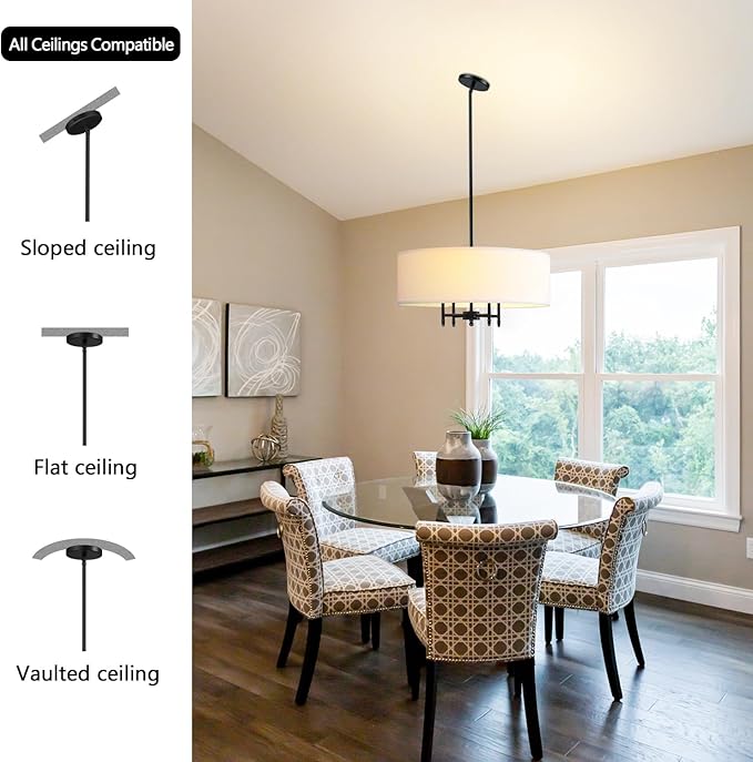 Untrammelife Drum Pendant Chandelier 4-Lights Black Ceiling Hanging Light Fixture with 20" White Shade, for Dining Room Living Room Bedroom Kitchen Island Stairway Hallway