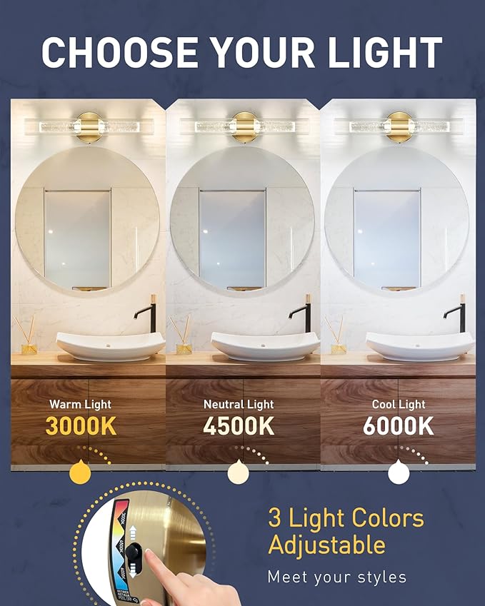 kudos Gold Bathroom Light Fixtures, Modern Sconces Wall Lighting with Crystal Bubble and Clear Glass, 3000K/4500K/6000K Adjustable, KDVL05-GD-2