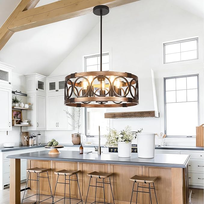 5 Light Light Fixtures Ceiling Mount 19.71" Flush Mount Ceiling Light,Height Adjustable Farmhouse Chandeliers for Dining Room Black Drum Chandelier Ceiling Hanging Pendant Light Fixture