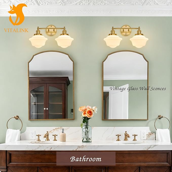 VitaLink 2-Light Wall Sconce Bathroom Vanity Light, 19” Gold Hardwired Vanity Lights Over Mirror Bathroom Wall Lamp Mid-Century Modern Wall Sconces for Living Room Bedroom