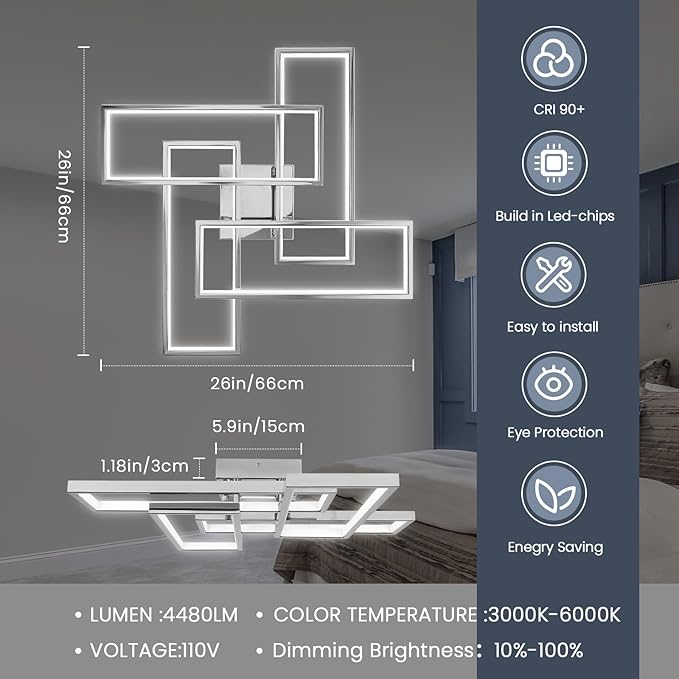 Dimmable Modern LED Ceiling Light, 4-Square Modern Ceiling Lighting for Living Room with Remote Control 26In Chrome Bedroom Ceiling Lights Fixures for Kitchen, Bathroom, Dining Room