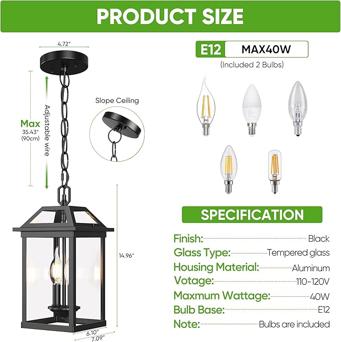 WIHTU Large Outdoor Pendant Light with 2 Bulbs, 14.96" Modern Hanging Lantern Ceiling Mount, Waterproof Outside Chandelier Exterior Hanging Fixture with Tempered Glass for Porch