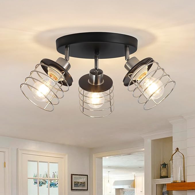 Brushed Nickel Kitchen Light Fixture Ceiling Mount, Semi Flush Mount Ceiling Light, Multi-Directional Track Ceiling Lighting for Kitchen Farmhouse Hallway Dining Room Entryway (Black & Brushed Nickel)